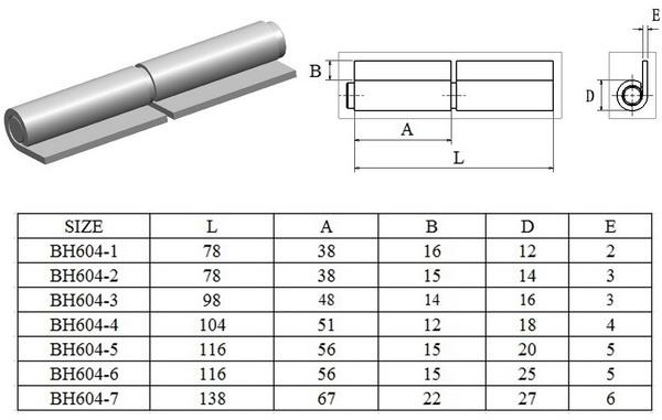Welding hinge butt hinge BH604, size78mm-138mm, material stee, self color or zinc plating