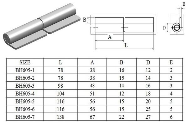Welding hinge butt hinge BH605, 78mm, 98mm, 104mm, 116mm, 138mm，self color or zinc plating,