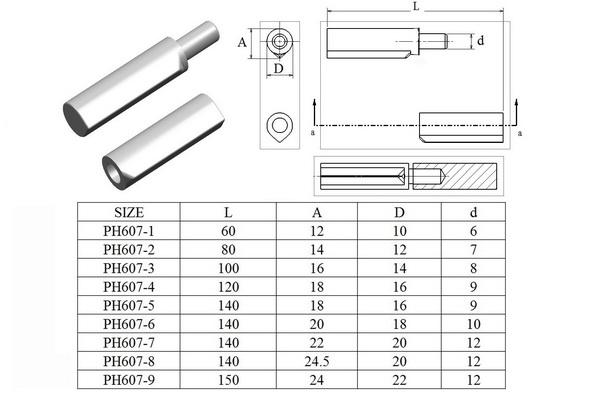 Piston adjustable weld on hinge PH607, with a ball inside the pin, finishing self-color or zinc plating